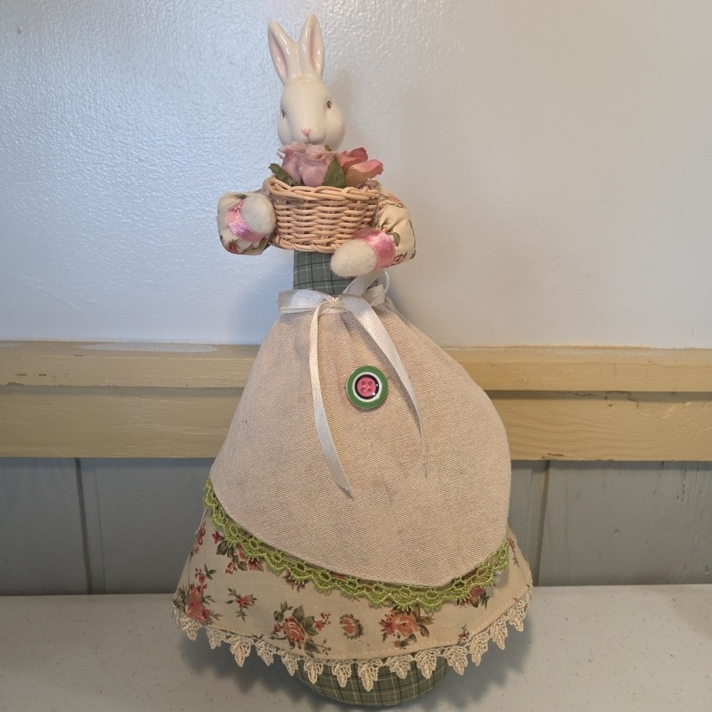 Vintage Stuffed Porcelain Weighted Rabbit Embroidered Lace Burlap Dress Cottage